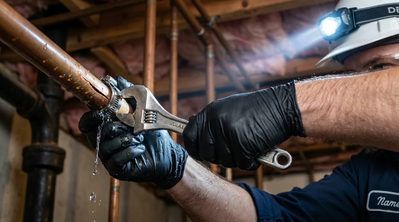 Emergency pipe clamp repair being performed by a Johns Plumbing LLC plumber in Walton