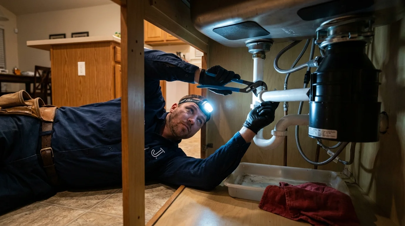 P-trap and supply line connections under a kitchen sink showing a common leak point in Walton, NY